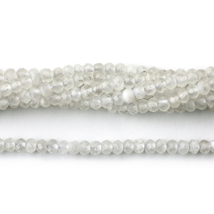 This is a Dakota Stones 3mm Blue Moonstone Gemstone strand with A grade faceted rondelle beads in 15-16 inch strand.