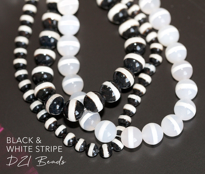 DZI Agate 10mm Round Black Line Pattern - 15-16 Inch