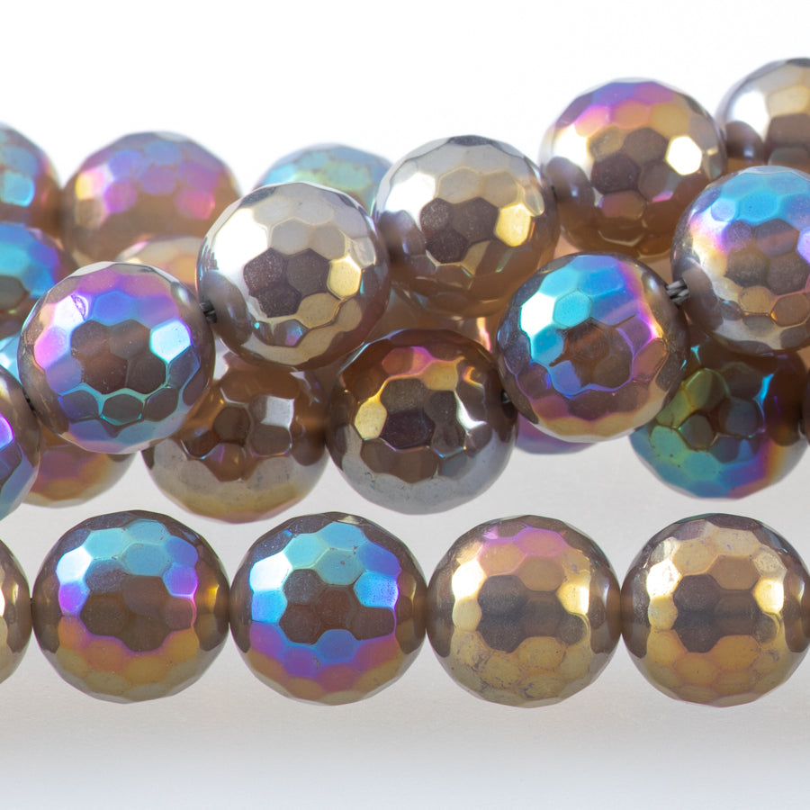 Grey Agate 10mm Rainbow Plated Round Faceted - 15-16 Inch