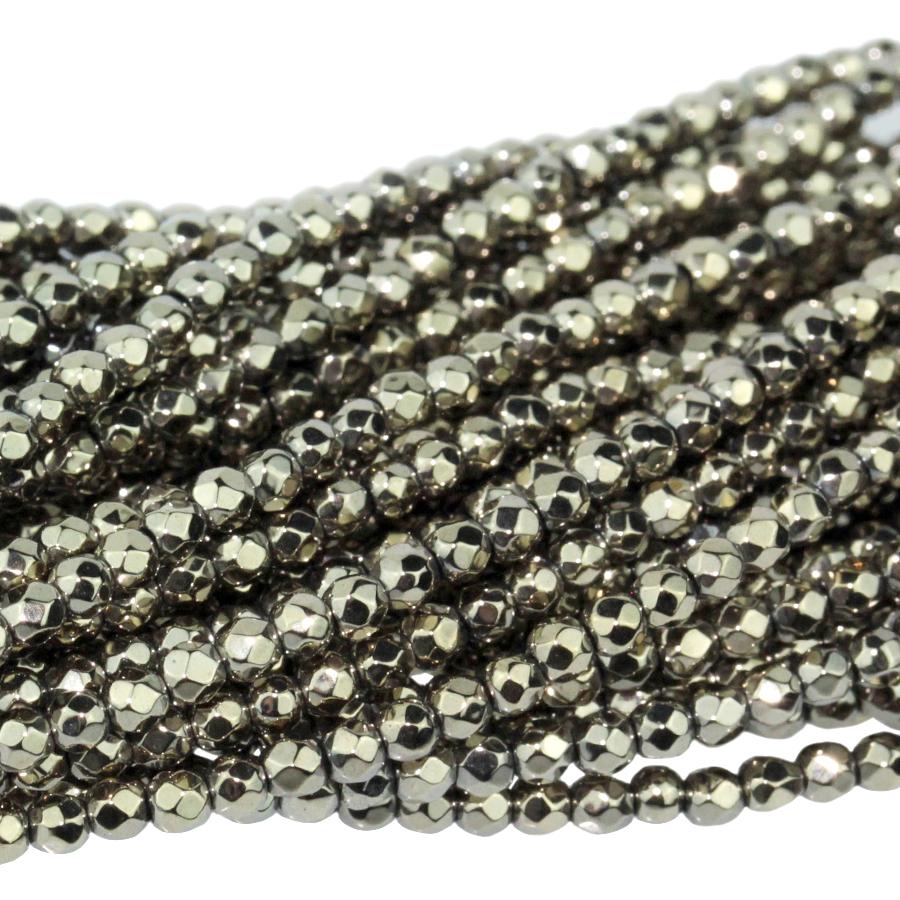 Hematite "Pyrite Color" Plated 2mm Faceted Round 15-16 Inch
