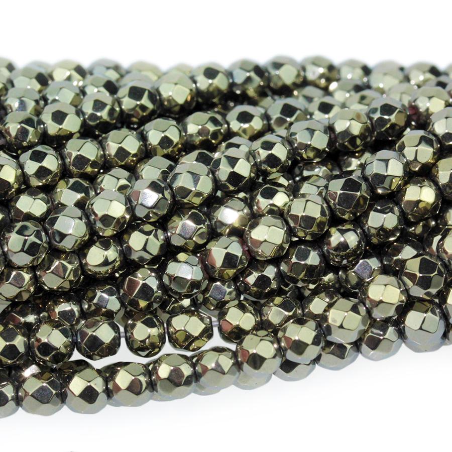 Hematite "Pyrite" Plated 4mm Faceted Round 15-16 Inch