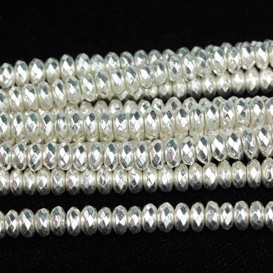 Hematite White Silver Plated 4mm Faceted Rondelle 15-16 Inch
