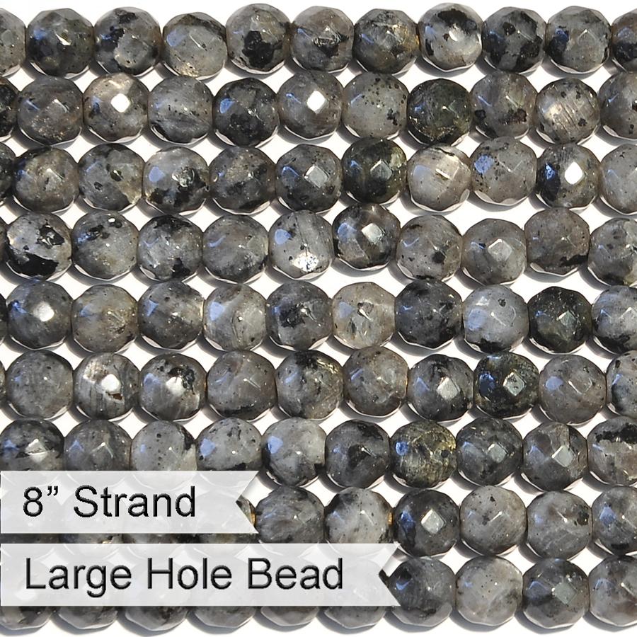 Larvakite Large Hole, Faceted 8mm Round - 8-inch
