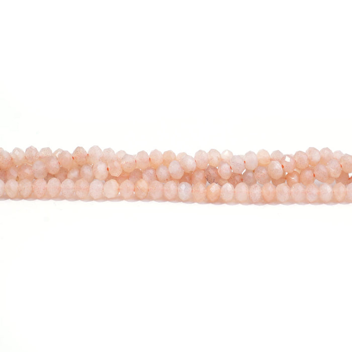 This is a Dakota Stones 3mm Peach Moonstone Gemstone strand with A grade faceted rondelle beads in 15-16 inch strand.