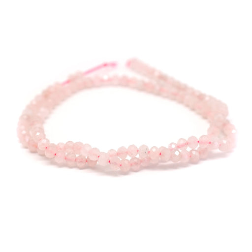 This is a Dakota Stones 3x4mm Rose Quartz Gemstone strand with faceted rondelle beads in 15-16 inch strand.