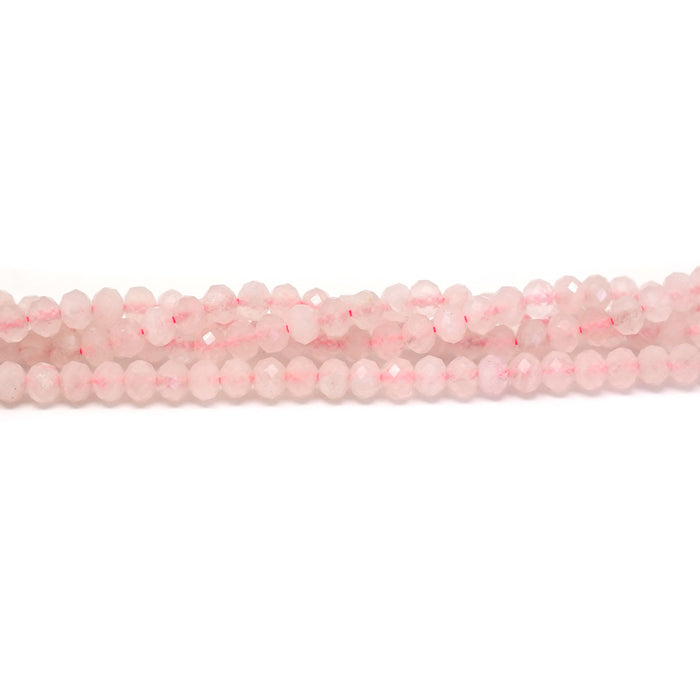 This is a Dakota Stones 3x4mm Rose Quartz Gemstone strand with faceted rondelle beads in 15-16 inch strand.