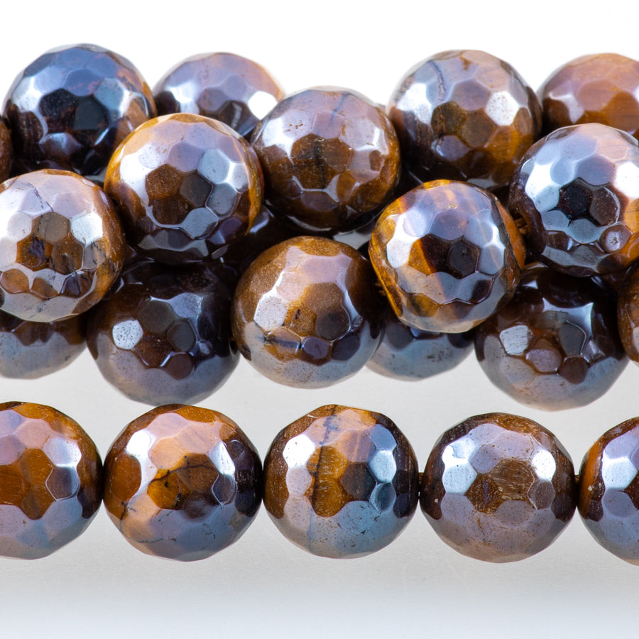 Tiger Eye 10mm Yellow Plated Round Faceted - 15-16 Inch