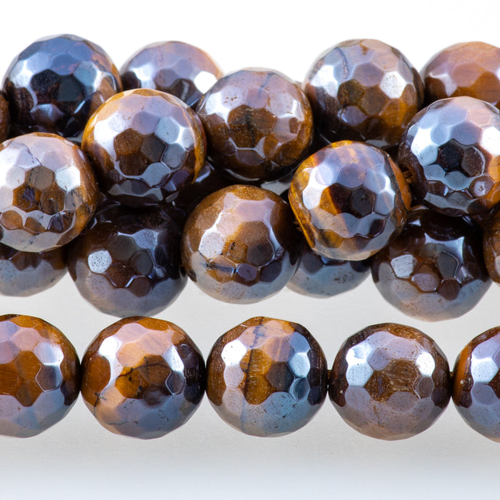 Tiger Eye 10mm Yellow Plated Round Faceted - 15-16 Inch - CLEARANCE