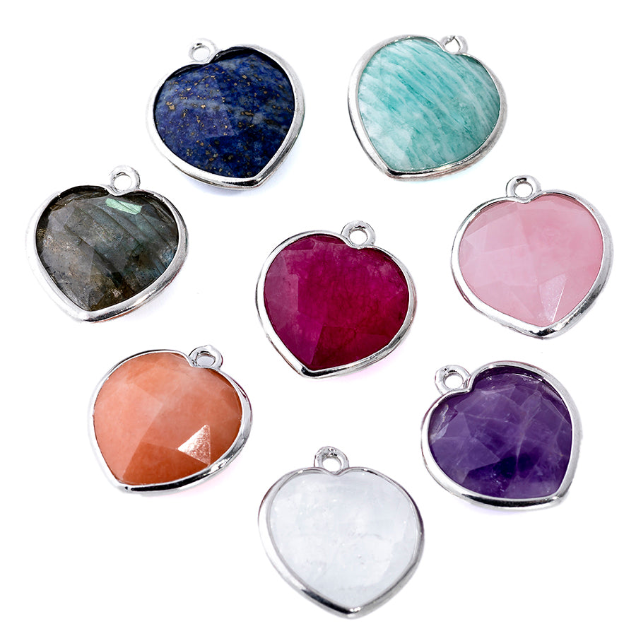 17x19mm Silver Plated Faceted Gemstone Heart Charm/Pendant - Magenta (Dyed) New Jade